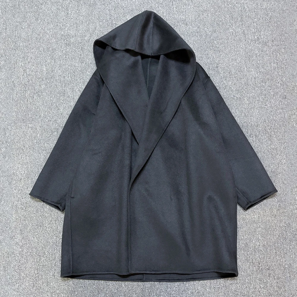 Women 100% Wool Coat Oversized Big Lapel Open Front Mid Length Jacket Elegant Black Gray Loose Fit Ladies Warm Woolen Outerwear