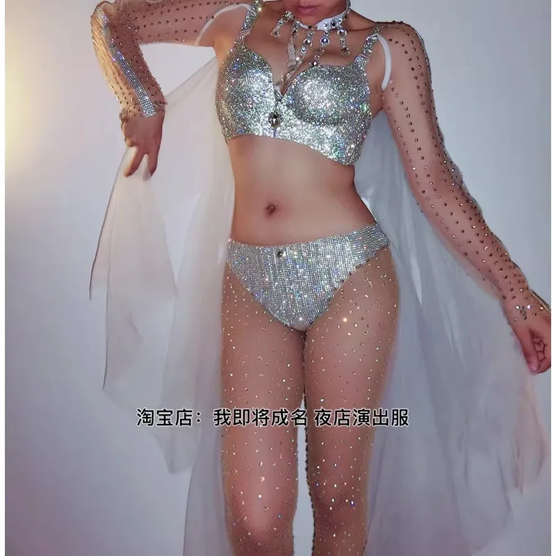 customized modern female singer Dj model rings pole belly dance silver sparkling diamond bra lingerie set Ds performance outfit