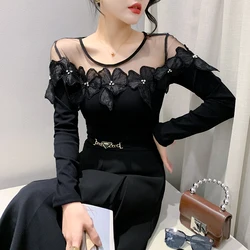 Black Korean Style Fall Winter T-Shirt Women Chic Sexy Patchwork Lace Diamonds Flower Tops Long Sleeve Hand Made Tees New 471601