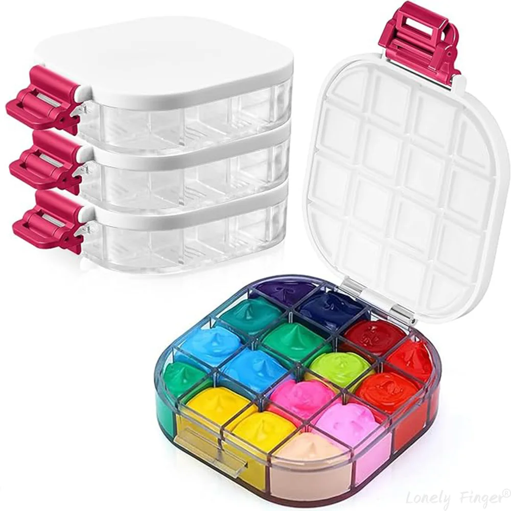 [Empty] 16 Wells Paint Storage Box, Airtight Folding Detachable with Painting Palette for Watercolor Gouache Acrylic Oil Paint