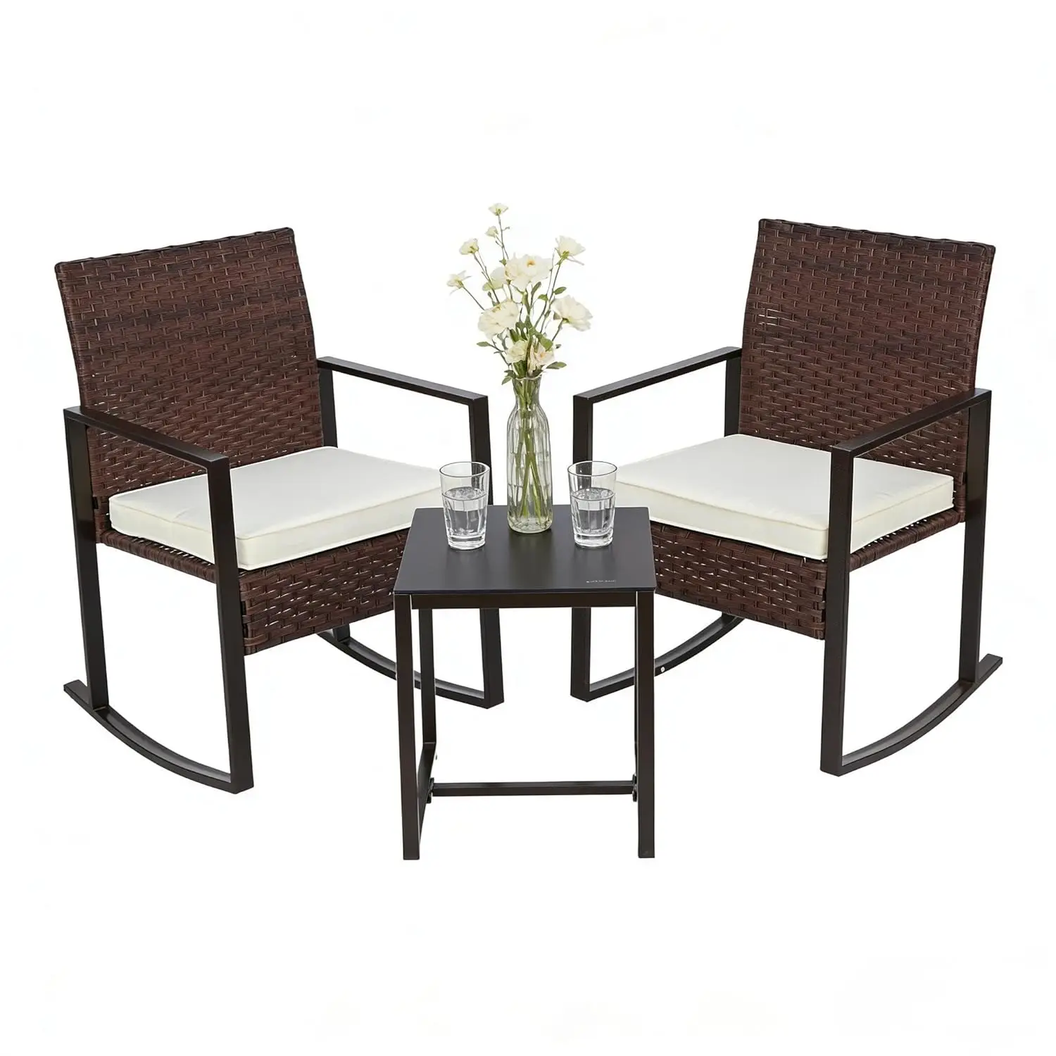 

3pc Wicker Rocking Chair Set with Cushions & Table Outdoor Porch Furniture Balcony Backyard Poolside, Customized
