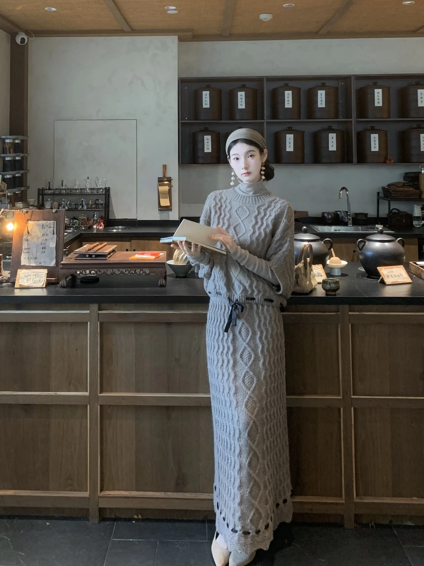 

Walkink High Quali Alpaca Wool Knitted Sweater Straight Skirt Set Mid-Length Long Sve High Collar Winter Faion Wome...