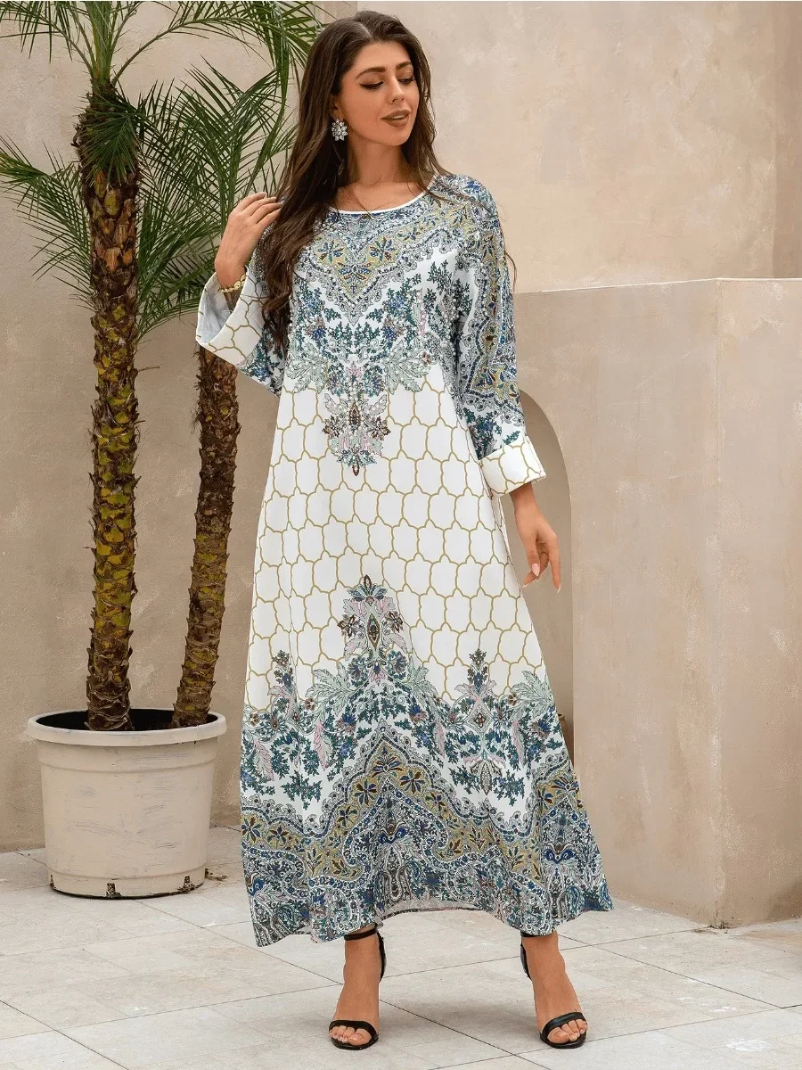 Eid Muslim Party Dress for Women Ramadan Beading Abaya Long Dress Print Morocco Kaftan Vestidos Largos Dubai Robe Jalabiya 2024