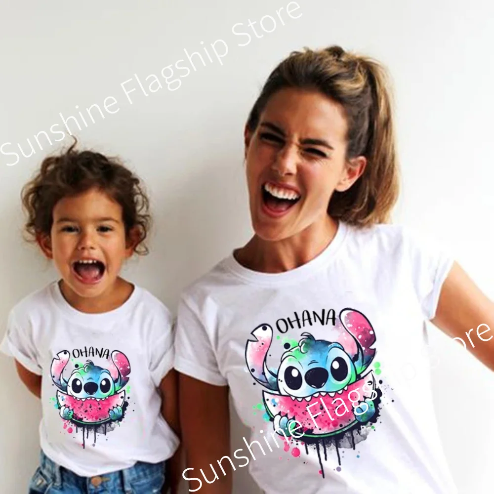 Family Look Disney Stitch T Shirt Mother and Kids Matching Outfits Fashion Streetwear Mom and Daughter Son Family Clothes Tops