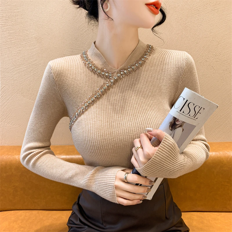 เสื้อสเวตเตอร์ไหมพรมผู้หญิง แขนยาว ดีไซน์แฟชั่น สำหรับฤดูหนาว ใส่เป็นเสื้อตัวใน  ตกแต่งเล็บเพชร  ทรงเข้ารูป ให้ความอบอุ่น