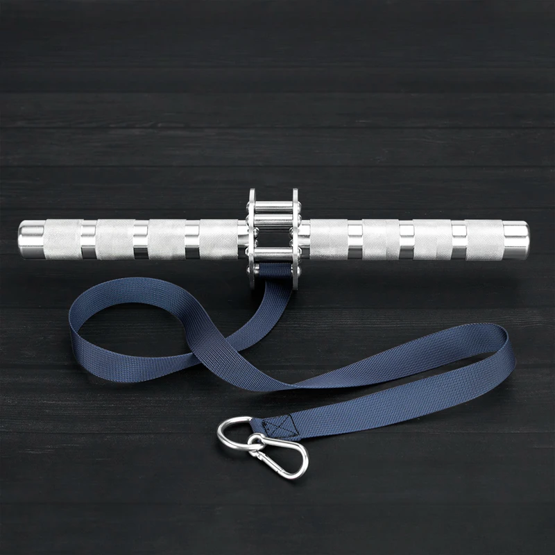 Stainless steel forearm trainer rolls wrist to bear weight.