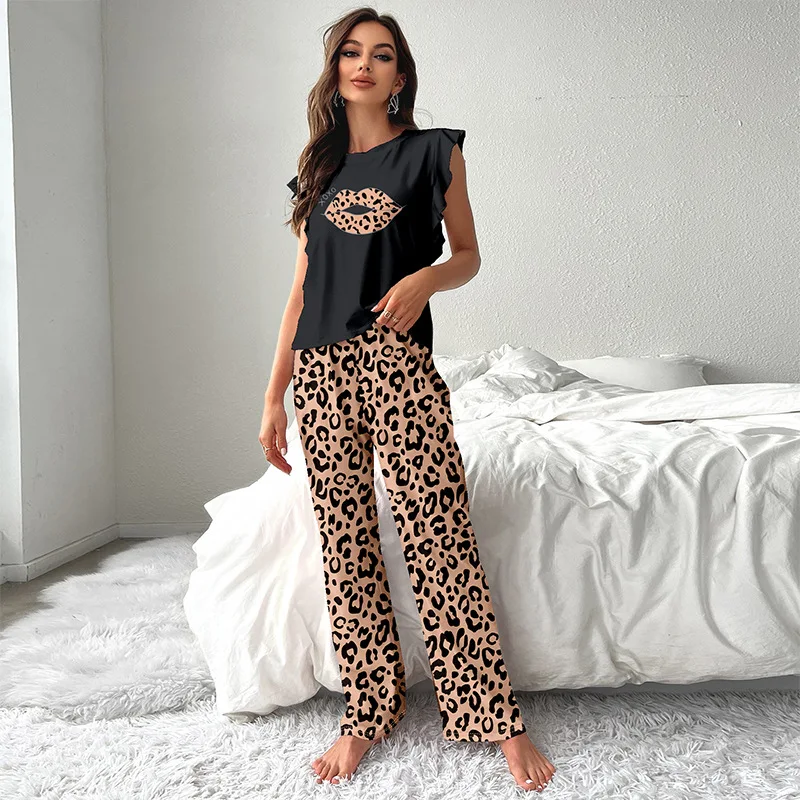 New Faux Cotton Pajamas Set Women Vest Trousers&Flying sleeves Set Round Neck Sleepwear Girls Leopard Print Loungewear Pyjamas