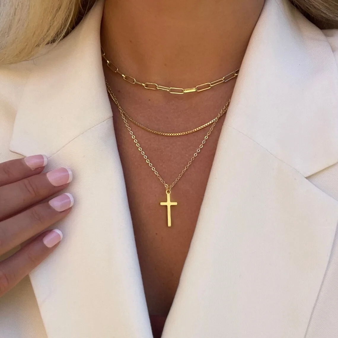 1PCS Hot New Punk Style Cross Pendant Three-Layer Stacked Wear Style Clavicle Chain Women's High-Grade Personality Necklace