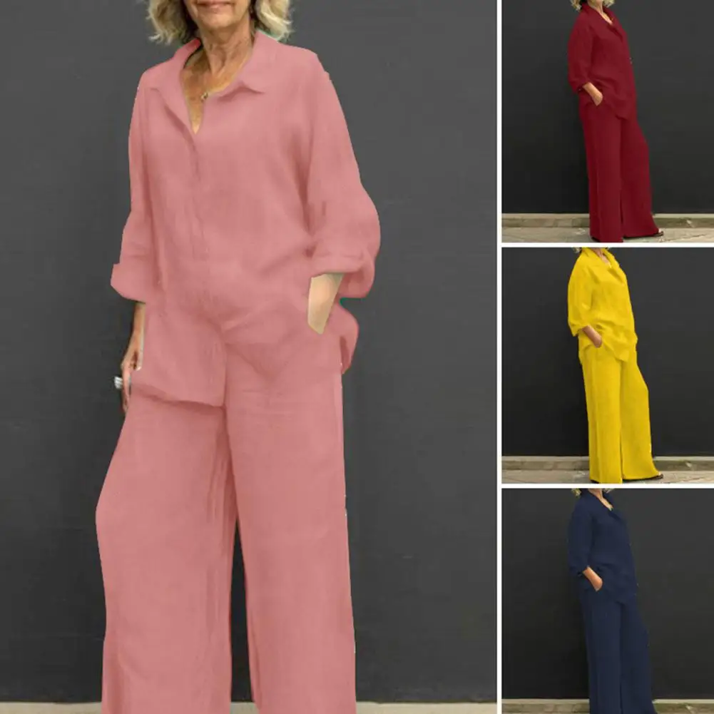 pant sets Spring Suit Stylish Women\'s Cotton Linen Suit Set with Long Sleeve Shirt Wide Leg Trousers for Spring Autumn Casual