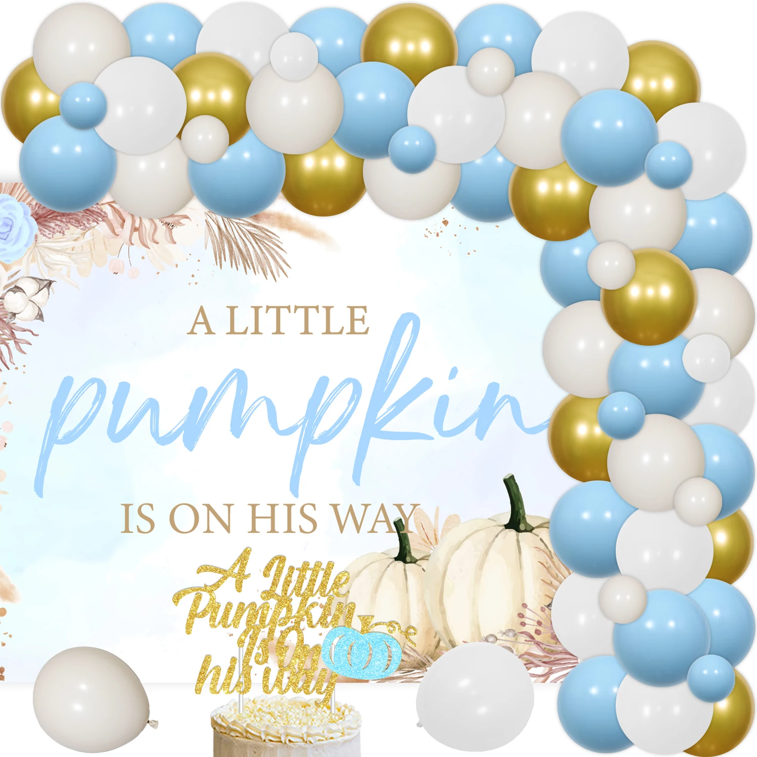 

Little Pumpkin Baby Shower Decorations A Sweet Little Pumpkin Is on The Way Blue Gold Backdrop Balloon Garland Kit for Fall