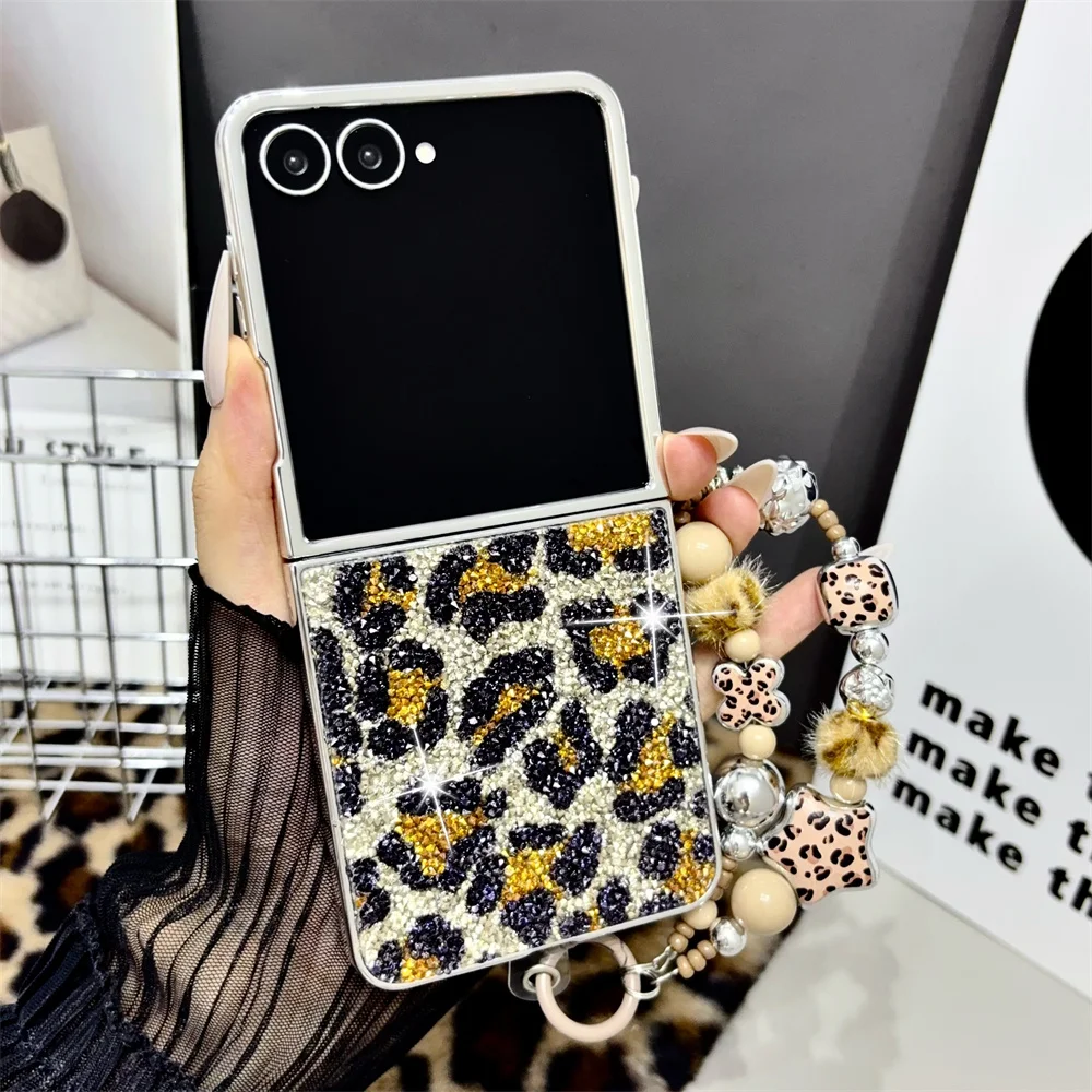 Y2K Sweet Spicy Shiny Glitter Leopard Phone Case for Samsung Galaxy Z Flip 8-3 Sparkly Star Charm Bead Strap Protective Cover