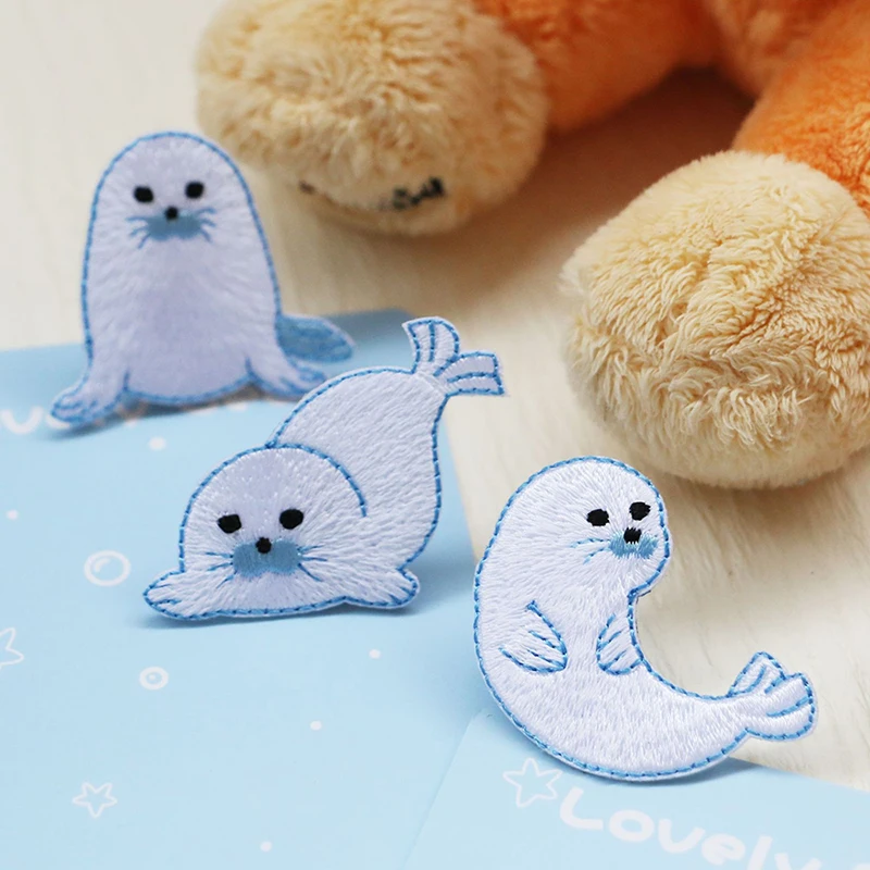 1 Piece Cute White Seal Embroidered Clothing Patches For Clothes Parch Iron On Fabric Sticker