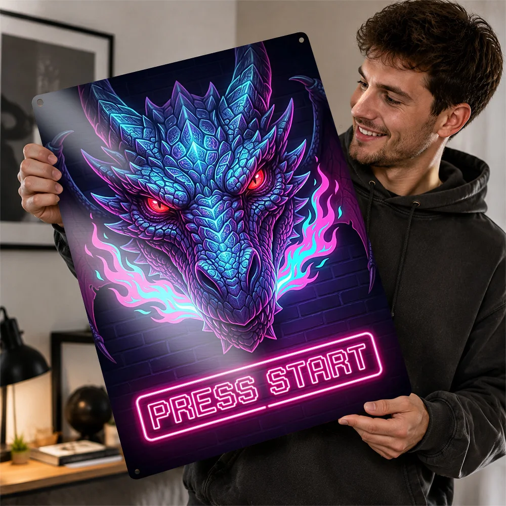 Dragon Press Start Gaming Typography Aluminum Poster Neon Wall Art For Bedroom Or Study Customized Metal Sign Housewarming Gift