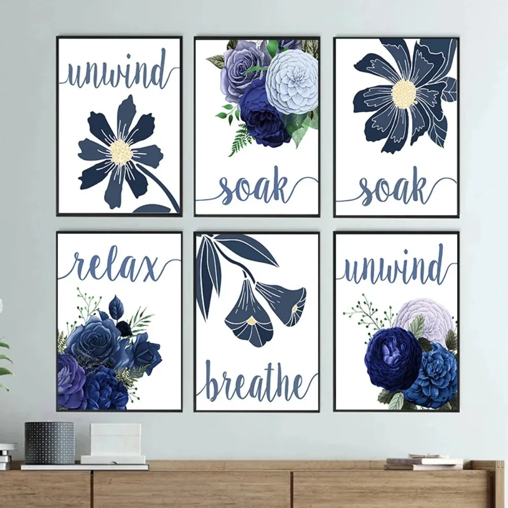 Relax Soak Unwind Breathe Navy Blue Tone Flowers Butterflies Posters Canvas Painting Prints Wall Art Picture for Room Home De