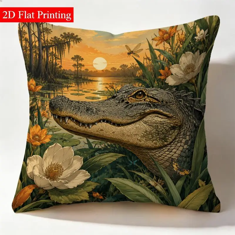 1pc, 2D Print, Pillow Insert Not Included, Single-sided Pillowcase, Not 3D/non-embroidered, Swamp Sunset Crocodile Pattern, Zipper Closure, Machine Washable, Suitable for Living Room, Bedroom, Sofa Home Decoration