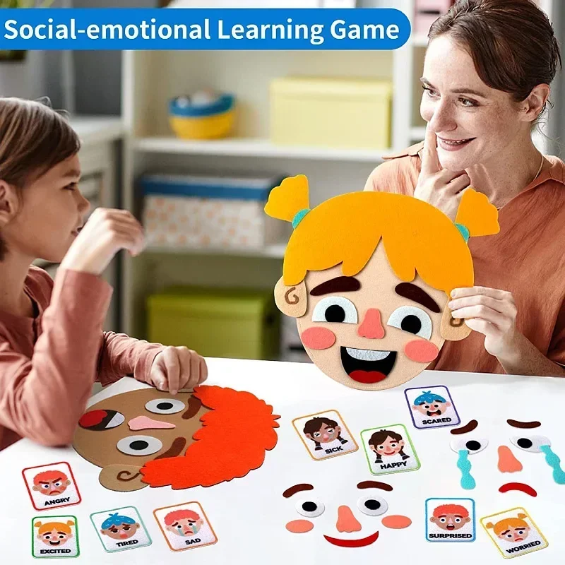 Jogo de Expressão Facial Montessori Infantil, Brinquedos de Mudança Emocional com 9 Cartões, Educação Pré-Escolar