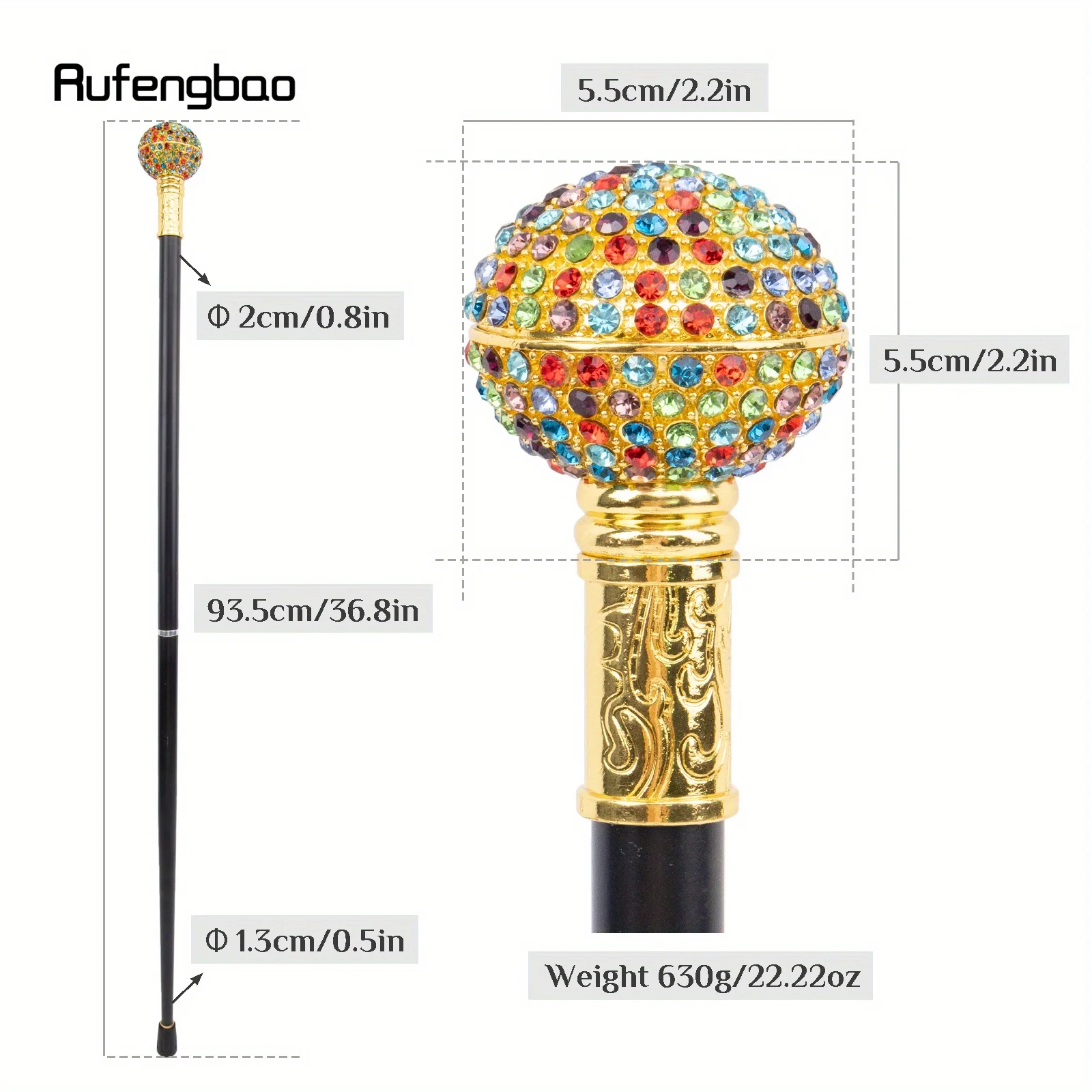 Colorful Artificial Diamond Ball Golden Cane Fashion Decorative Stick Gentleman  Cane Crosier 93.5cm Performance Stage Cane