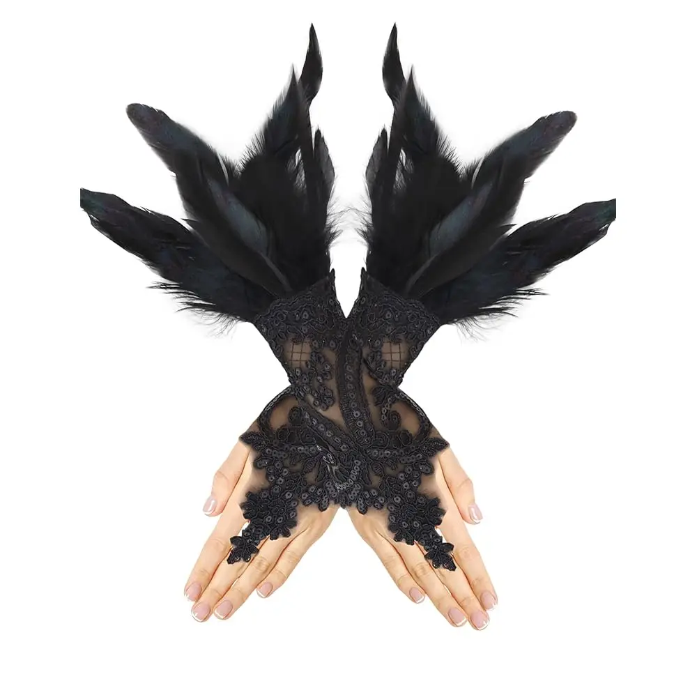 

Черные кружевные перчатки с перьями для женщин, длинные готические перчатки для Хэллоуина, костюмов, косплея, вечеринок ведьм