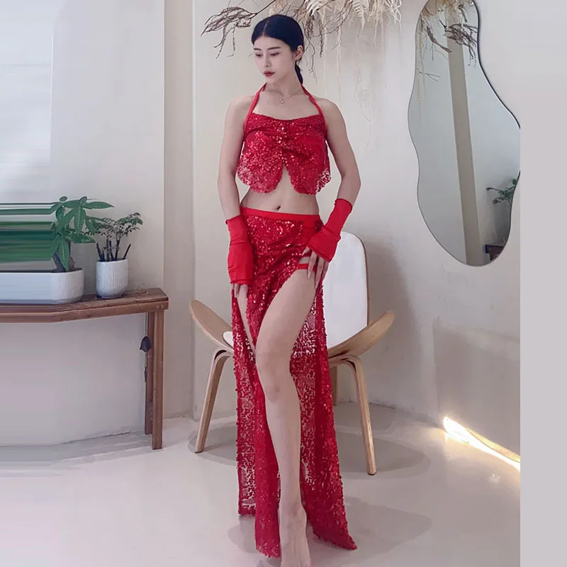 New Belly Dance Costume Summer Sequins Sexy Red Split Three Piece Long Dress Women's Professional Performance Costume Set