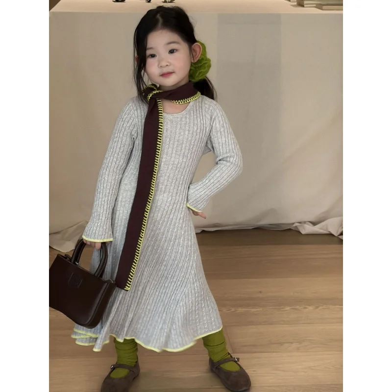 

2025Autumn New Children's Clothing Children's Clothing Girls' Long Knitted Wool Skirt Twisted Ribbed Knit Skirt