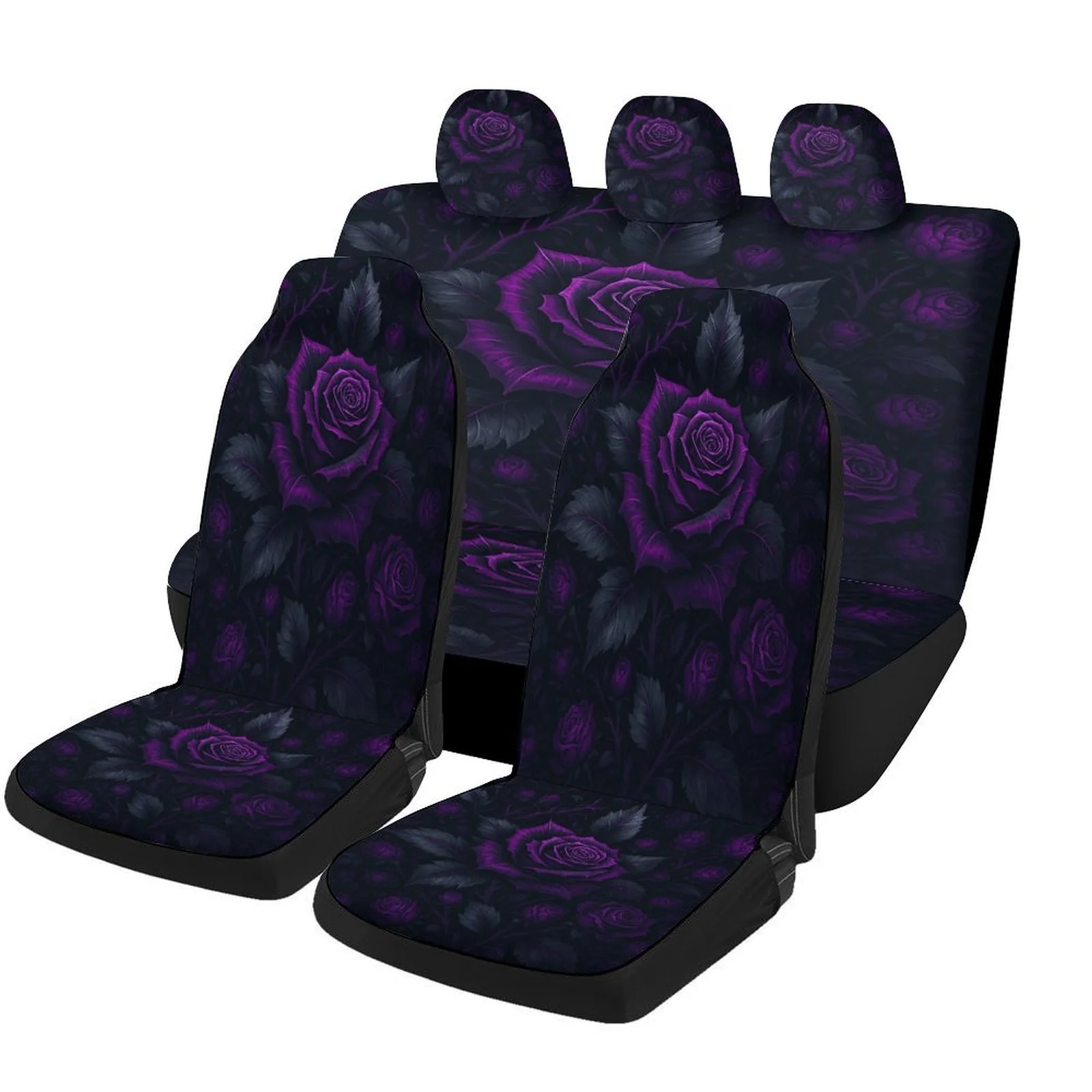 Car Seat Cover Set Featuring A Purple Rose Garden Design, Suitable For A Variety Of Vehicles. This Full Set Includes High-Qualit
