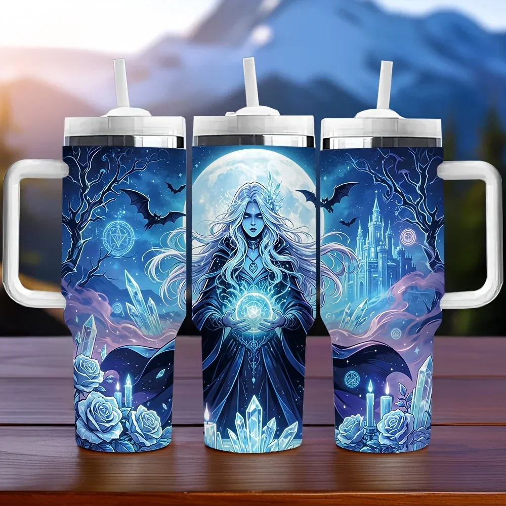 40oz Insulated Tumbler with Handle, Mystical Moon Witch Print with Bat And Castle, Perfect As Holiday And Birthday Gift, Features Long Lasting Temperature Retention, Suitable for Daily Use And Outdoor Activities