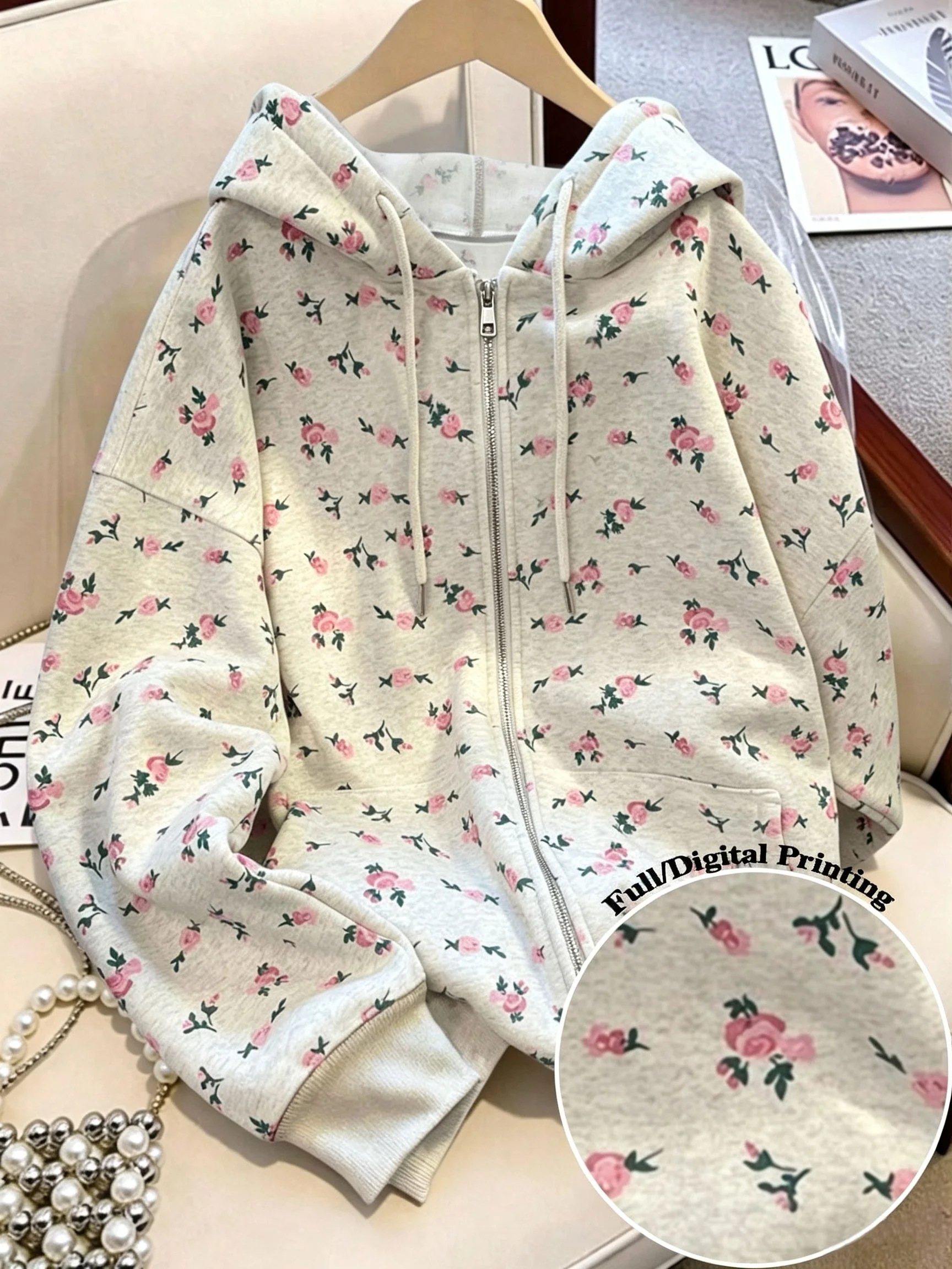 Women'S Floral Print Ruffled Hooded Sweatshirt Autumn Winter Long Sleeve Zipper Cardigan Top