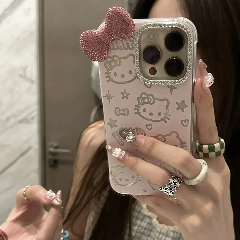 New Miniso Hello Kitty IPhone 16 Case Cute Anime Pink Diamond Dow IPhone 15 14 13 12 11 Anti Drop Protective Shell Girl Gifts