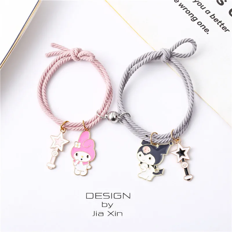 Sanrio Anime My Melody Kuromi pulseras lindas de dibujos animados con bola magnética banda de goma Kawaii regalos juguetes para pareja mejor amiga