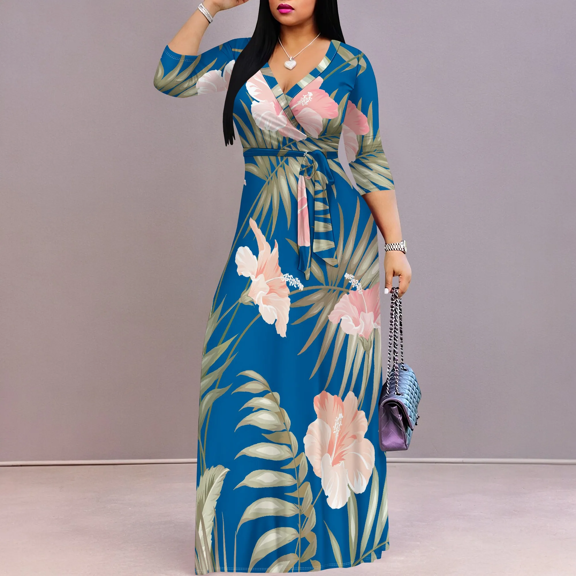 

Pullover Sexy V Neck Short Sleeve Loose Long Dress for Women Fashion Printed Summer Beach Party Casual Maxi Dresses