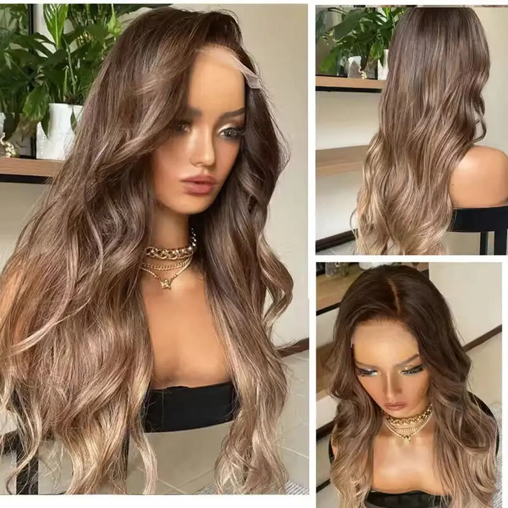 新しいオンブレ栗色ブラウン接着剤不要ウィッグ合成毛ボディウェーブhd合成レーストップウィッグ耐熱ファイバーで簡単スタイリング