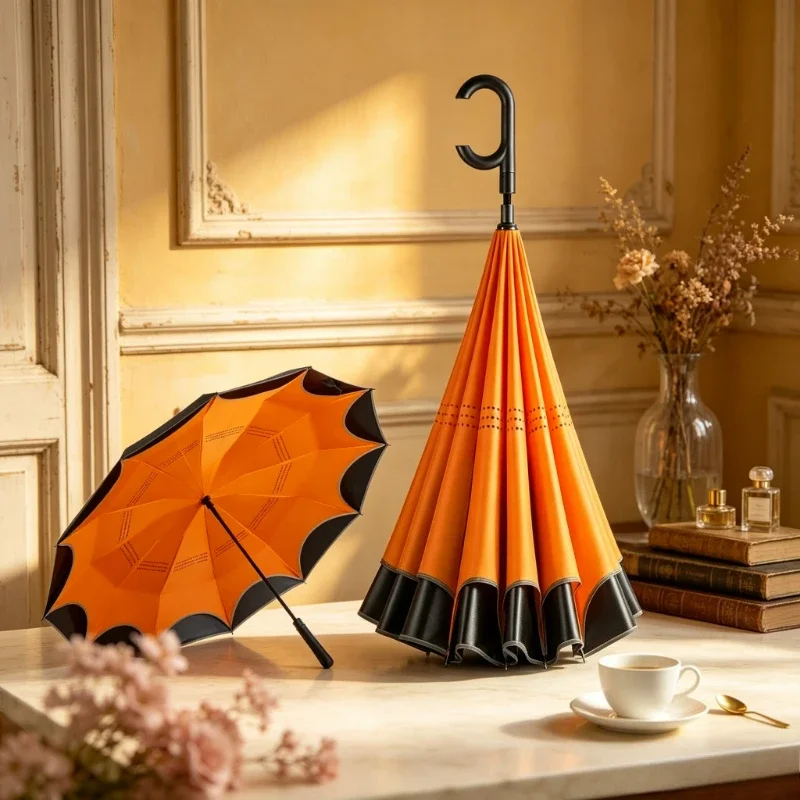 24-Rib Heavy Duty Reverse Umbrella Black Vinyl Double Layer Windproof Auto Open Close UPF50+ Sun Rain Long Handle Use 역방향 장우산