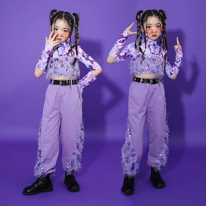 

Kid Jazz Dance Clothing Sequin Vest Purple Hip Hop Dance Pants Girls Kpop Stage Outfit Fashion Streetwear Children Clothing
