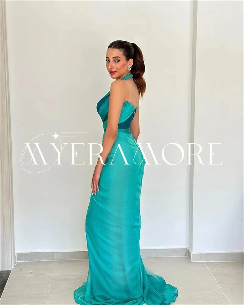 Robes de soirée modernes en mousseline de soie licou pour femmes sirène plis fleur balayage train robes de bal personnalisé فساتmavera