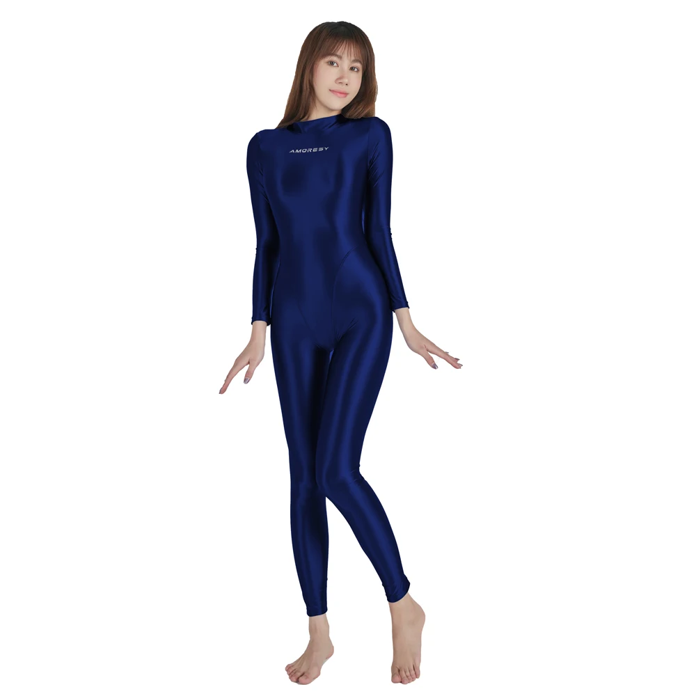 AMORESY Sexy Shiny Long Sleeve One Piece Jumpsuits Oil Smooth High Neck Tights Zipper Running Yoga Bodysuits Sportswear Overalls