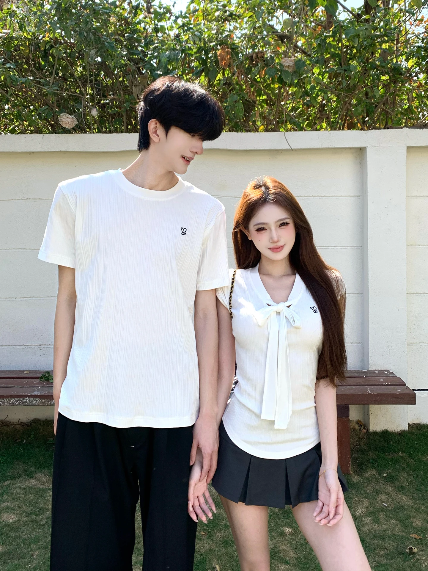 Korean Style Couple Matching Summer Short Sleeve T-Shirt White  Knot Waist Cinched Slimming Top Sweet Short Skirt Set