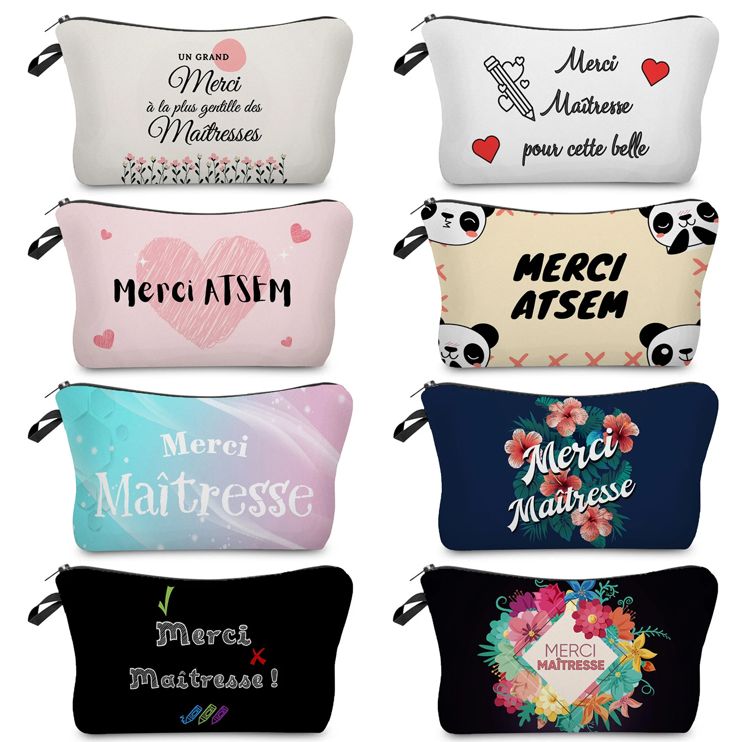 Wash Pouch Women Atsem Merci Maitresse Print Cosmetic Bag Travel Teacher's Day Graduation Gift Organizer Makeup Bags Storage Bag