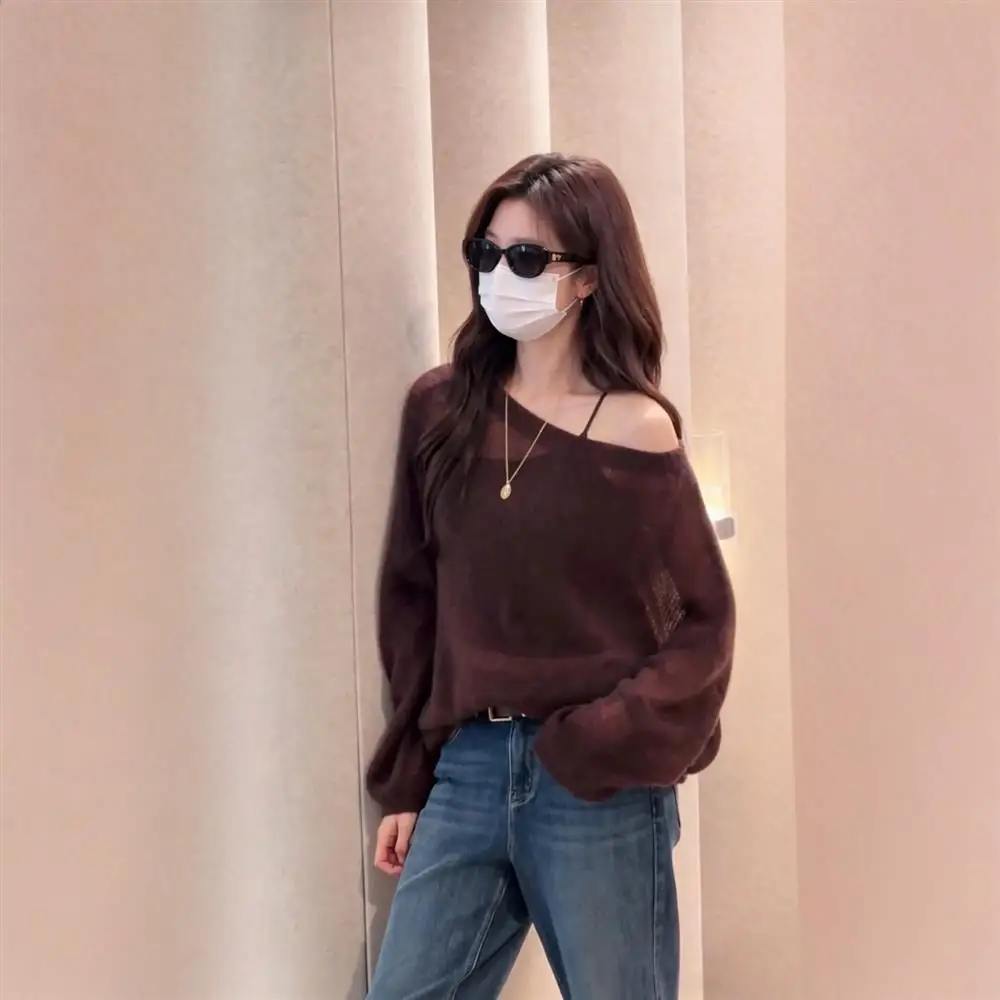 Spring Early Clear  Old Money Side Feather Shoulder Bared Thin Knitted Sweater Loose Lazy Slimming Top Women's Fashion