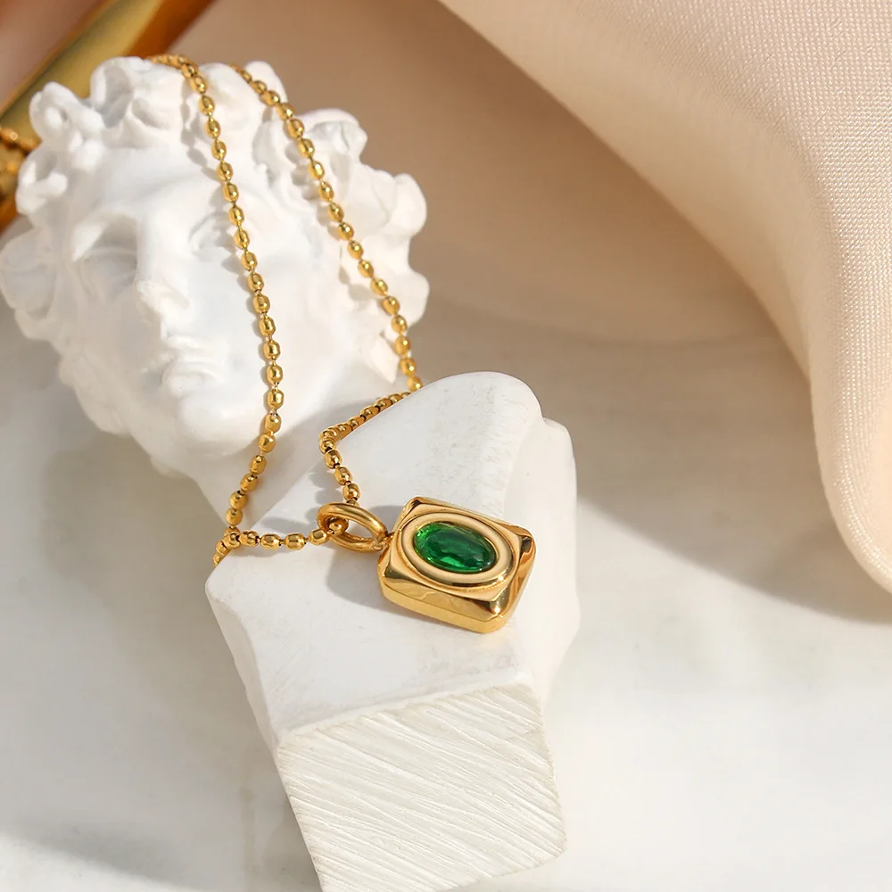 24K real gold INS style light luxury fashion pendant jewelry for women au9999 emerald small square pendant necklace