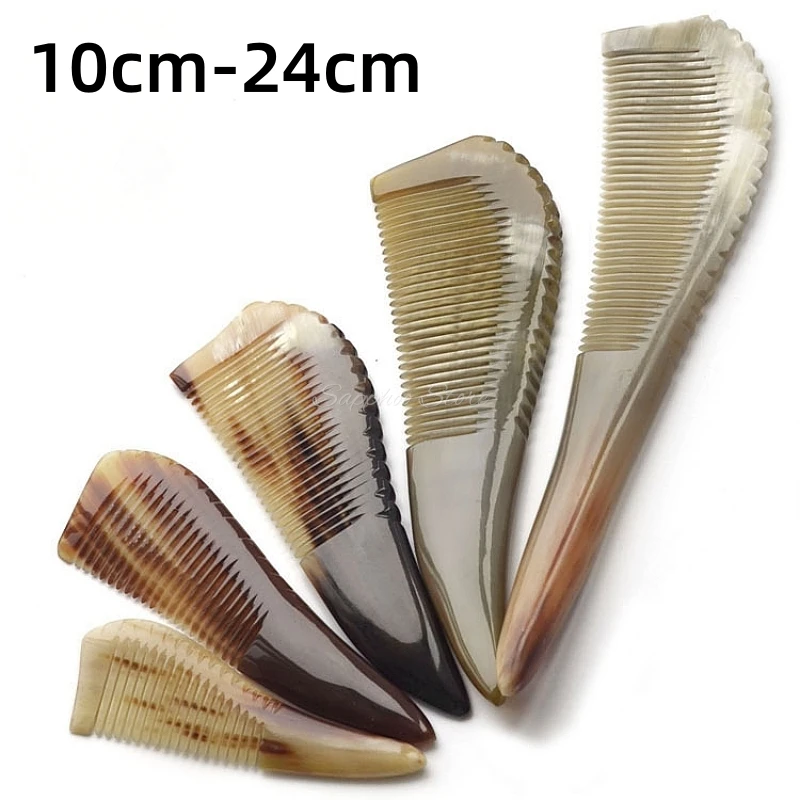 1PC 10-24cm Authentic Boutique Natural Yellow Ox Horn Tip‑Tail Comb Scalp Massage Detangling Hair Comb Anti‑Static Men & Women