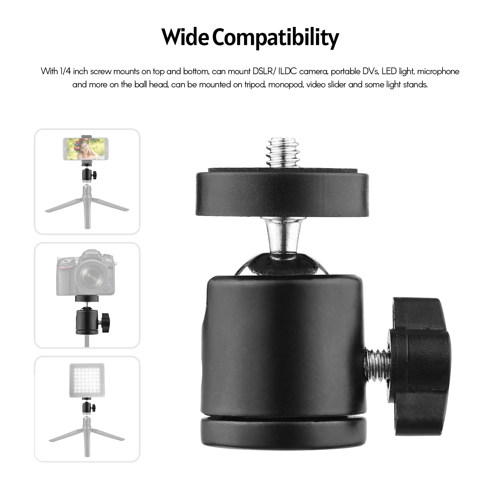 Mini Ball Head Tripod Head 360° Rotating Mount Base Adapter 1/4 Inch Screw for DSLR ILDC Camera DV Tripod Monopod Light Stand