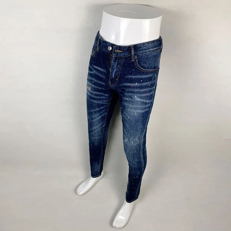 

Мужские джинсы HombreHigh Street Fashion: новые, стрейч, облегающие, с эффектом потертости, ностальгические, с рисунком, синие, в стиле хип-хоп, бренд Em