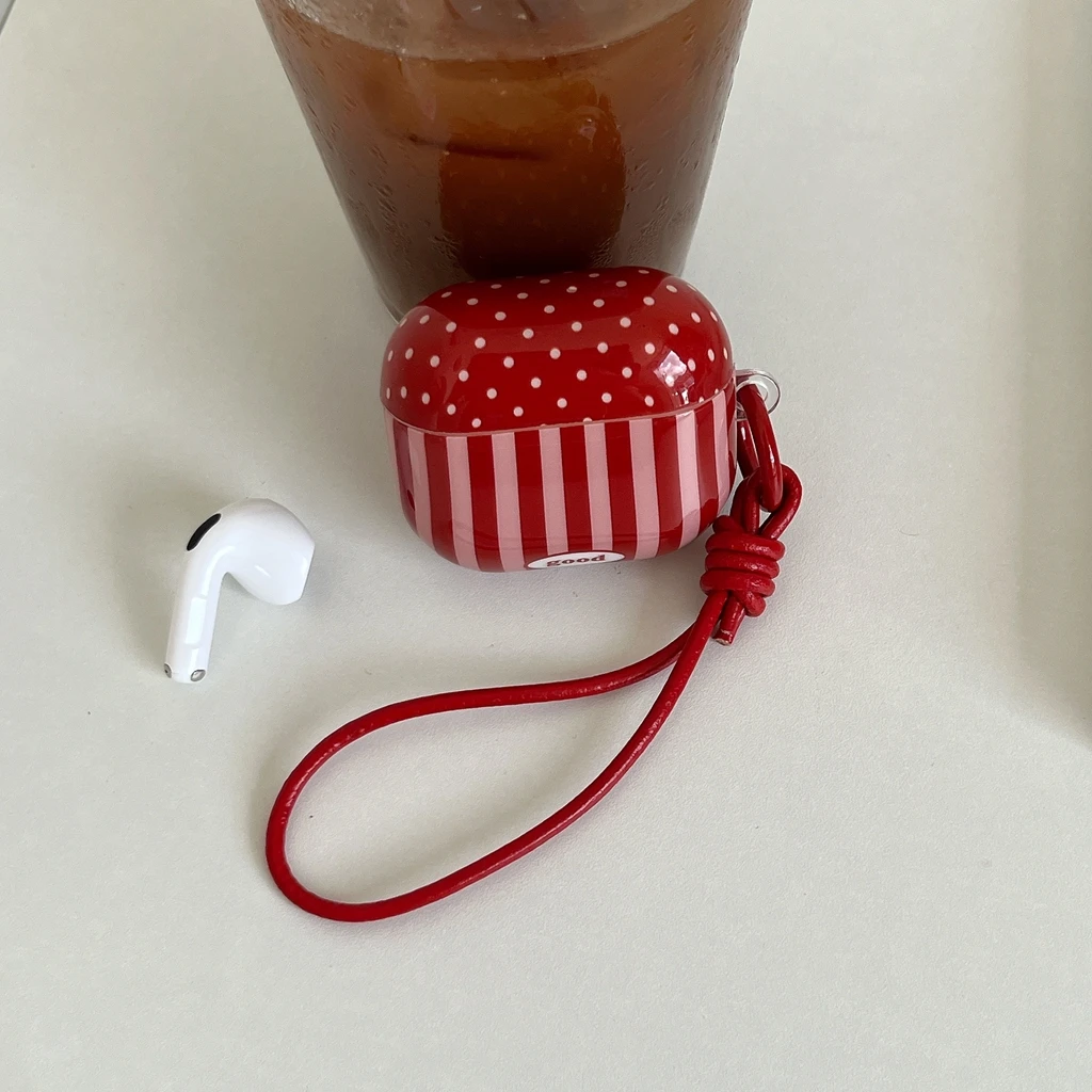 Retro Red Wave Point Stripe Splicing With Lanyard Earphone Case Cover for AirPods 1 or 2 3 4 Pro 2 Pro 3