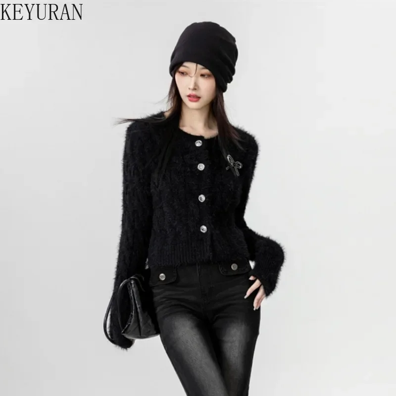 2024 Autumn Winter New Black Mohair Sweater Coat Women\'s Korean Fashion O-Neck Long Sleeve Bow Knitted Cardigan Cropped Tops