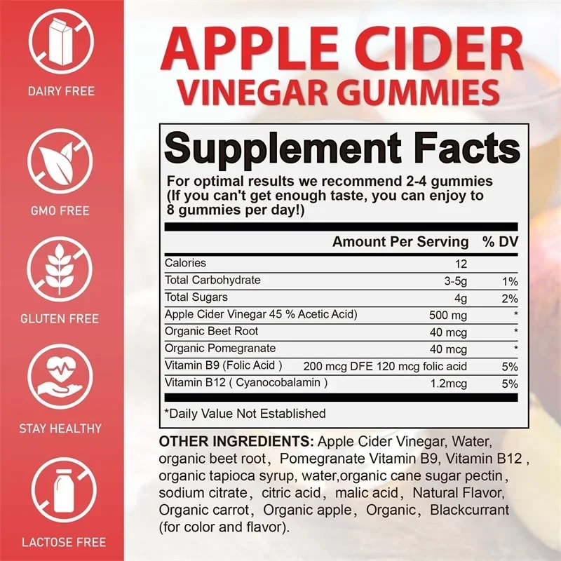 Apple Cider Vinegar Gummies - Contains B Vitamins, Healthy Weight Management, Promotes Detoxification, Relieves Bloating