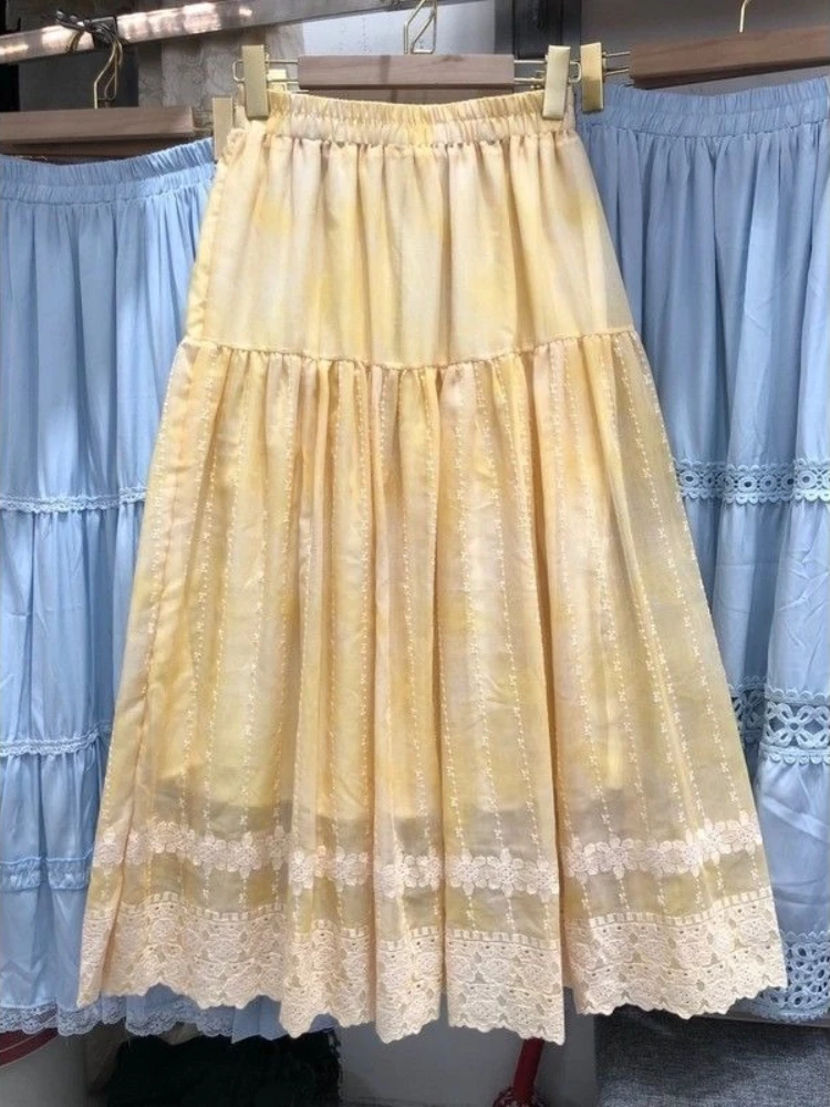 Fashion Vintage Skirts High Waist Pleated Patchwork Embroidery Tie Dye Loose Skirt Chinese Style Design All Match Women Clothing