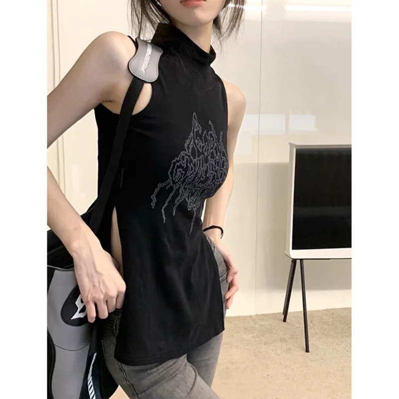 Black Sleeveless Tank Top Summer New Solid Color Slim Split Hem All-match Printing T Shirts Sexy Fashion Trend Women Clothing