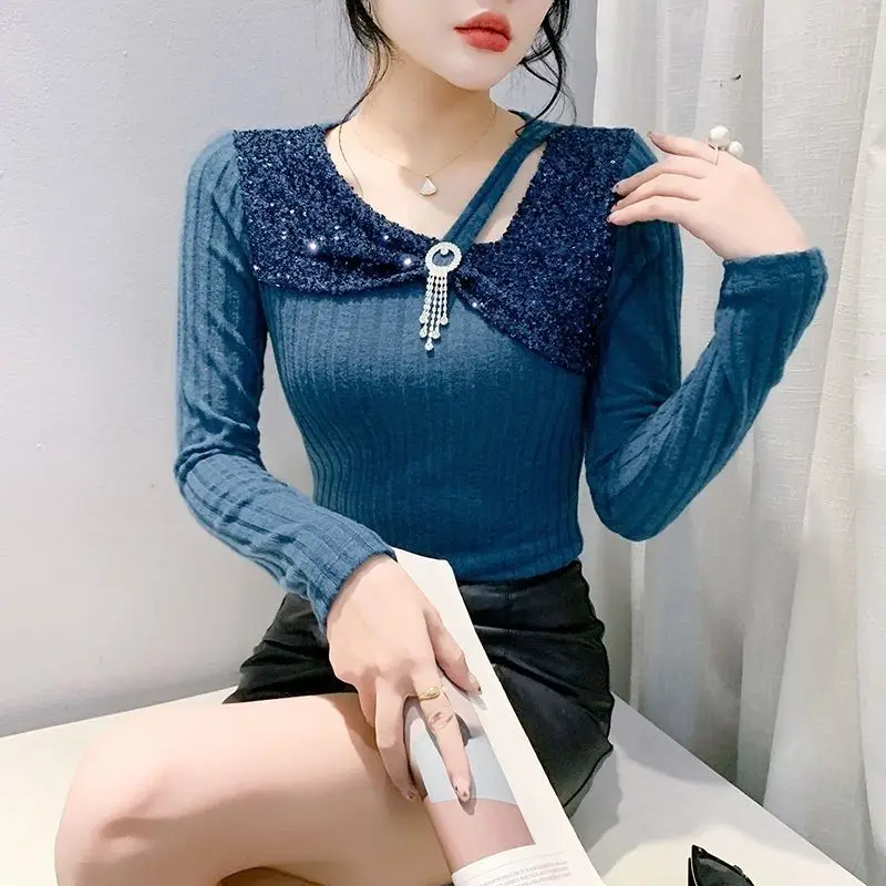 

Fashion Bead Splicing T-shirt Women's Long Sleeve V-neck Bow Top Stylish Versatile Bottom Shirt Autumn Winter Elegant Top