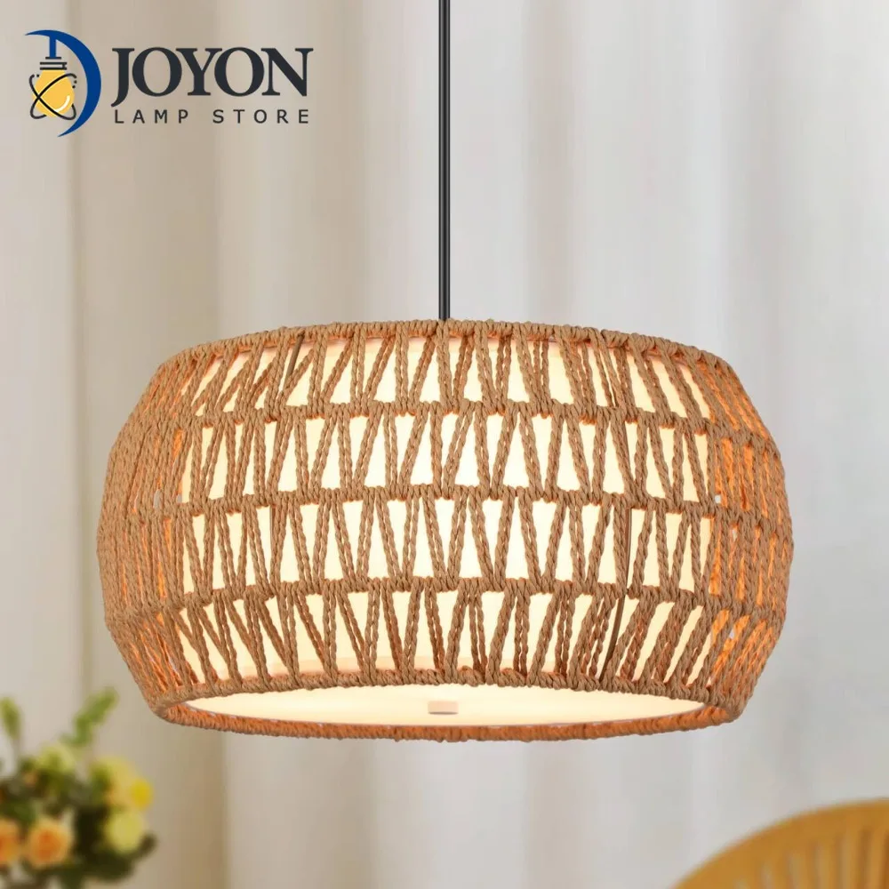 

Wicker Boho Pendant Light Natual Hemp Rope Drum Ceiling Lamp Light Fixture Chandeliers for Dining Room Island Resturant