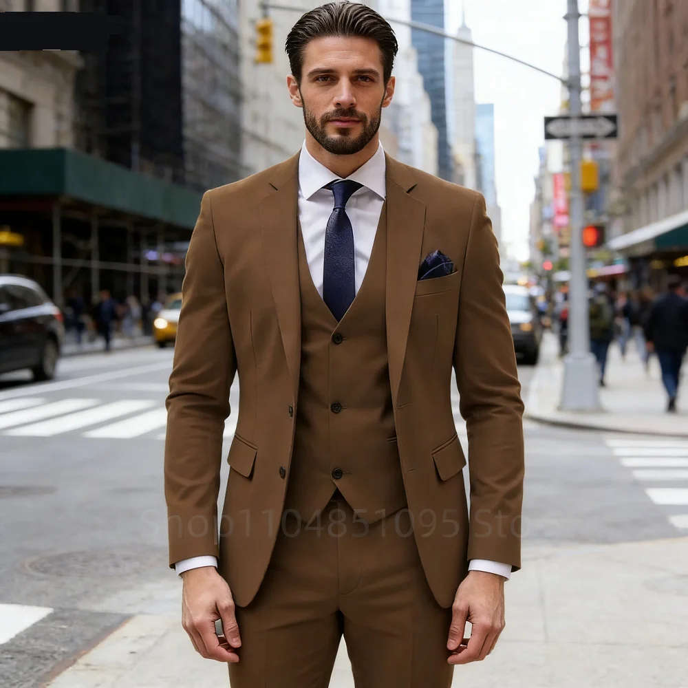 

Elegant Brown 3 Piece Men's Wedding Suit with Jacket Pants Vest - Single Breasted Notch Lapel Business Blazer Male Clothing